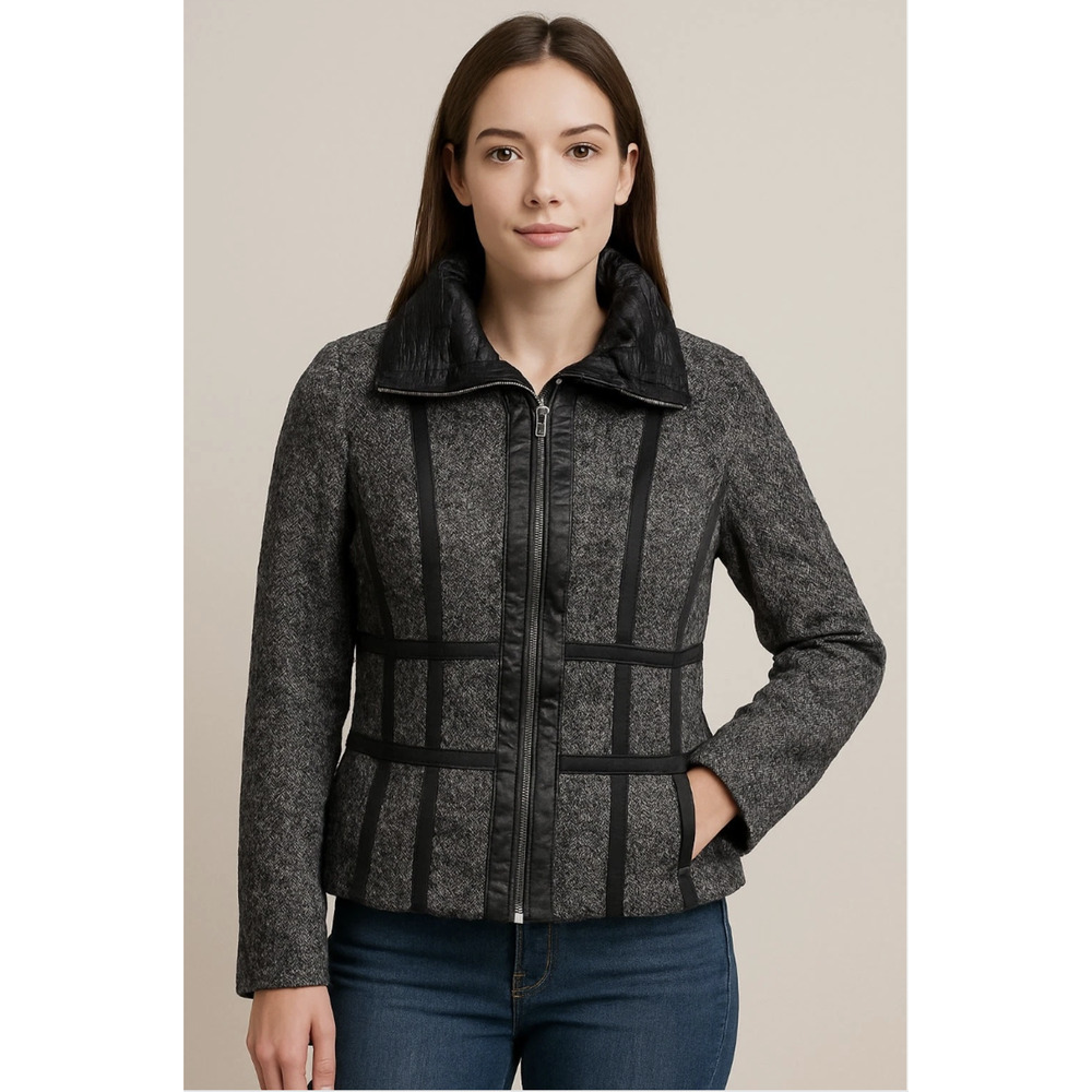 Basler Black Label Jacket Women Size 10 Gray Textured Zip Up Moto Chic
